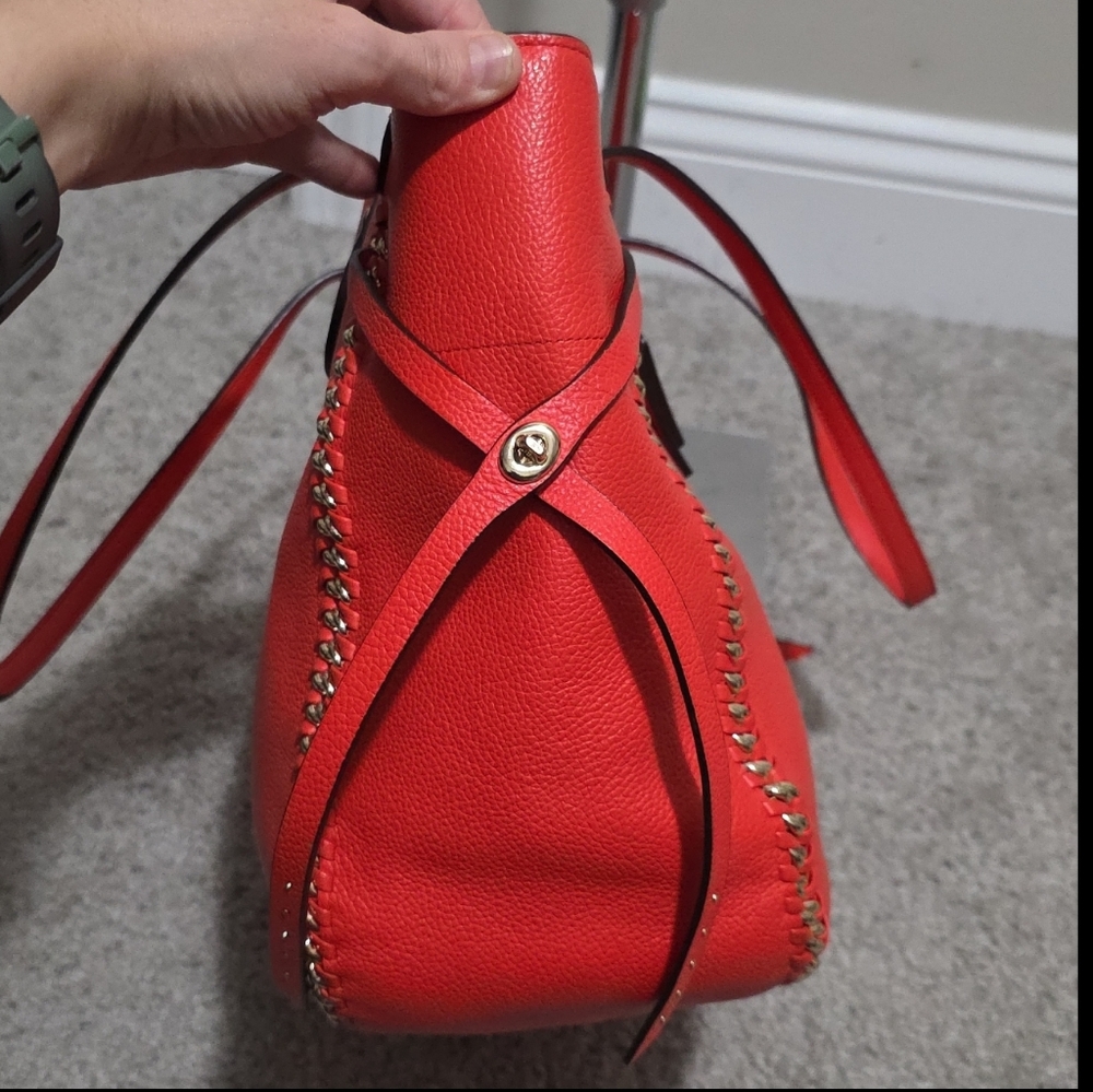 Coach Coral-Red Leather Tote with Whipstitch Accents - Picture 11 of 16